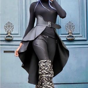 Black faux leather high low skirt belt.